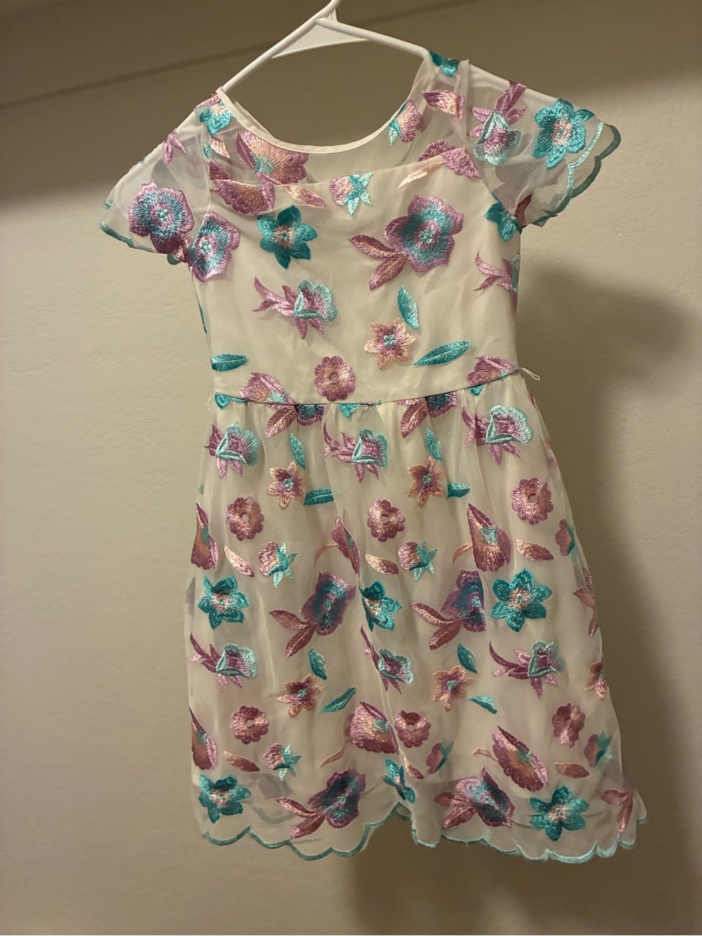 Blush Floral Embroidered Cream Dress with Lavender & Teal Accents
